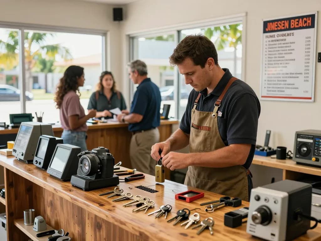 Local locksmith Jensen Beach FL providing expert lock services at a community-focused shop filled with tools and locks.