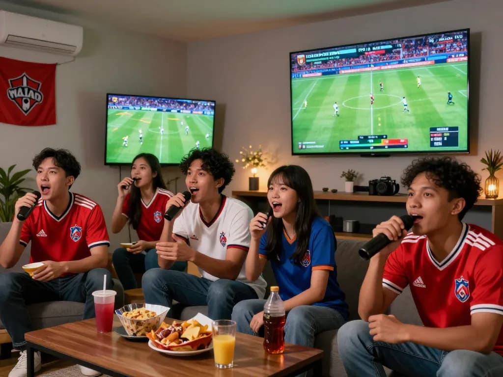 Fans enjoying a football match on Lương Sơn TV, capturing excitement and community spirit.
