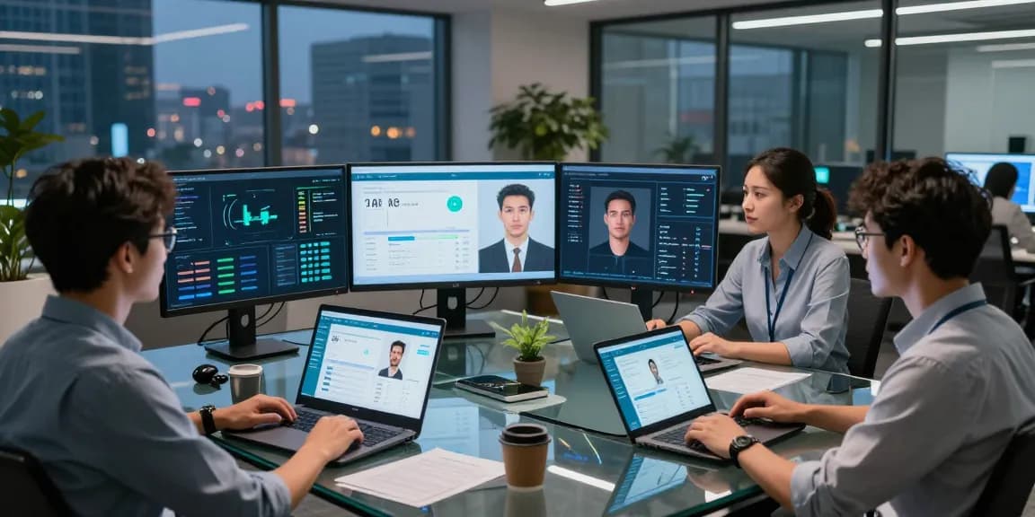 Innovative age verification system in action with biometric data analysis in a modern office.