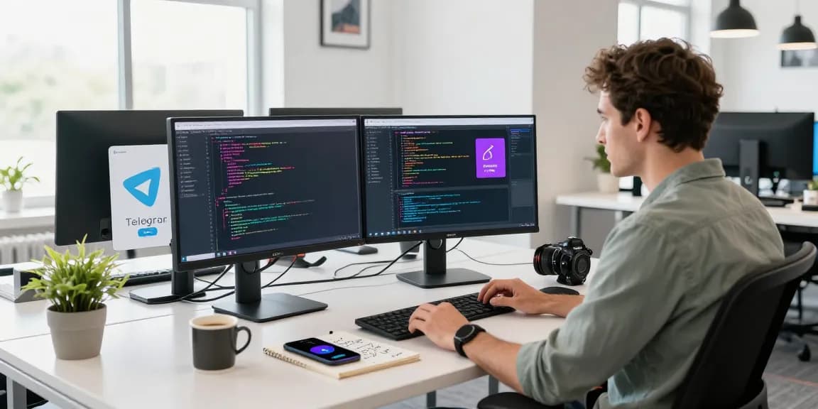 Discover Telegram Download features in a dynamic tech workspace with a developer coding.