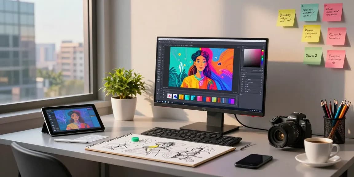 Creative workspace featuring artist using nano banana 2 for AI image editing, showcasing vibrant AI-generated art.