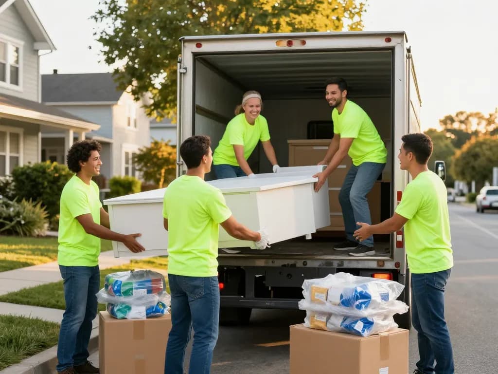 Das Team von Umzugsunternehmen Hannover lädt Möbel in einen Umzugswagen, das zuverlässige Umzugsdienste zeigt.