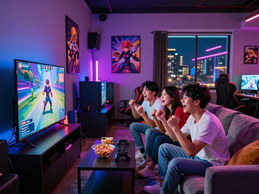 Friends playing xxx games in a vibrant gaming lounge with snacks and LED lights.