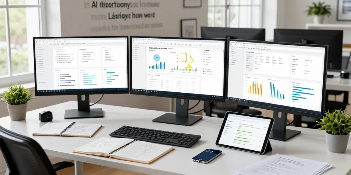 Dynamic workspace showcasing an AI detector setup with multiple monitors analyzing data and dashboards.