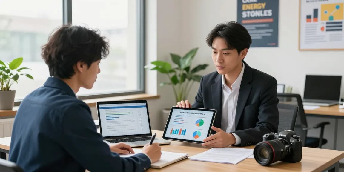 Consultant explaining fixed business energy rates to a small business owner in a modern office.