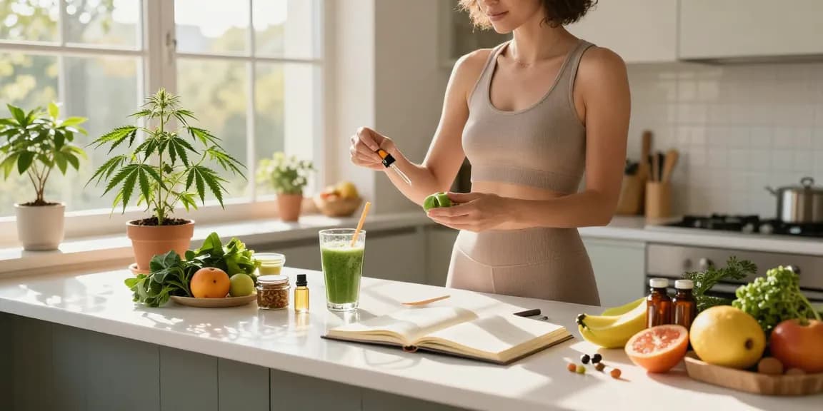 Natural wellness moment with ministryofcannabis CBD oil, fresh hemp plant, and healthy ingredients in a bright kitchen.