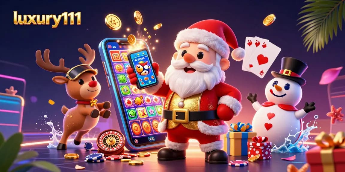 Experience luxury111 with Santa and friends enjoying exhilarating casino games in a vibrant, festive setting.