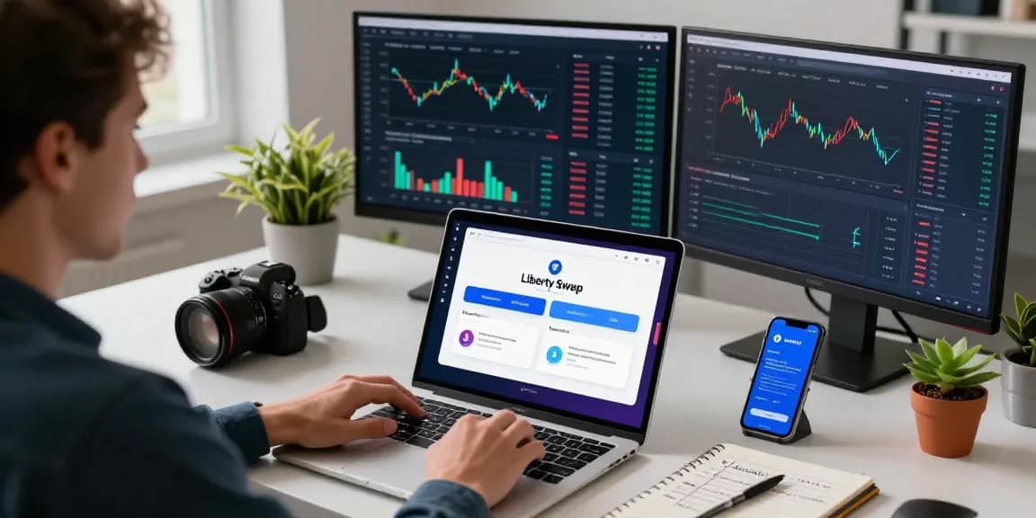 Dynamic workspace showcasing libertyswap platform interface on laptop amidst modern digital finance tools and analytics.