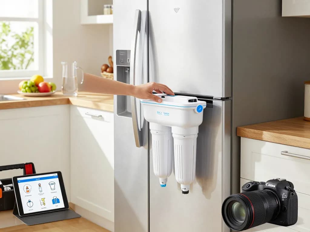 Installation of Waterdrop Plus RPWF Refrigerator Water Filter in a modern kitchen, showcasing ease of use and sleek design.