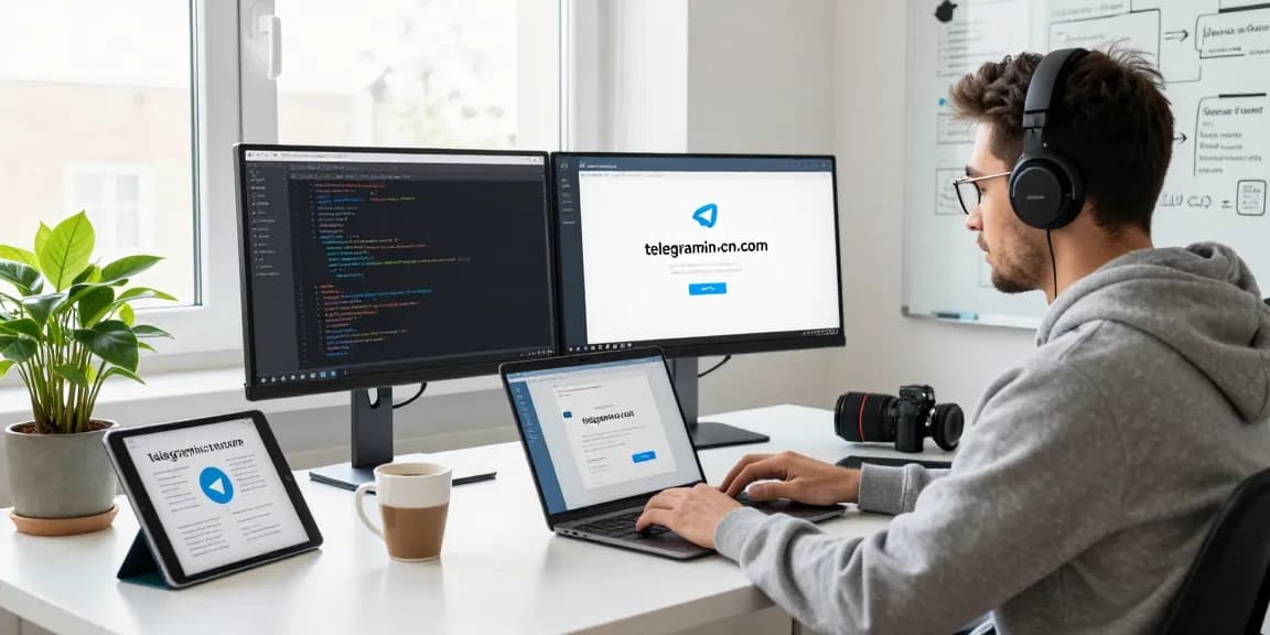 Developer optimizing telegramin-cn.com features in a bright workspace, showcasing tech tools and a user-friendly interface.