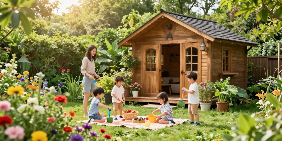 Gartenhaus mit Familie im Garten, die in der Sonne spielt und blühende Blumen genießt.