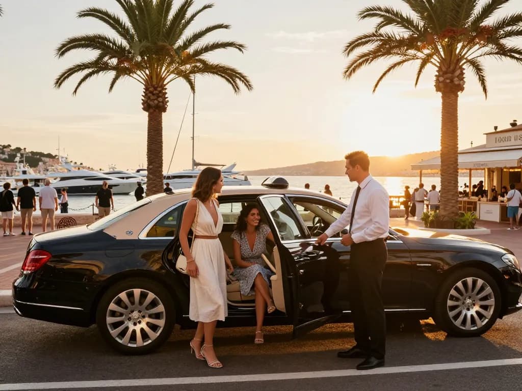 Taxi de luxe Saint-Tropez avec chauffeur professionnel accueillant des passagers dans un cadre côtier pittoresque.