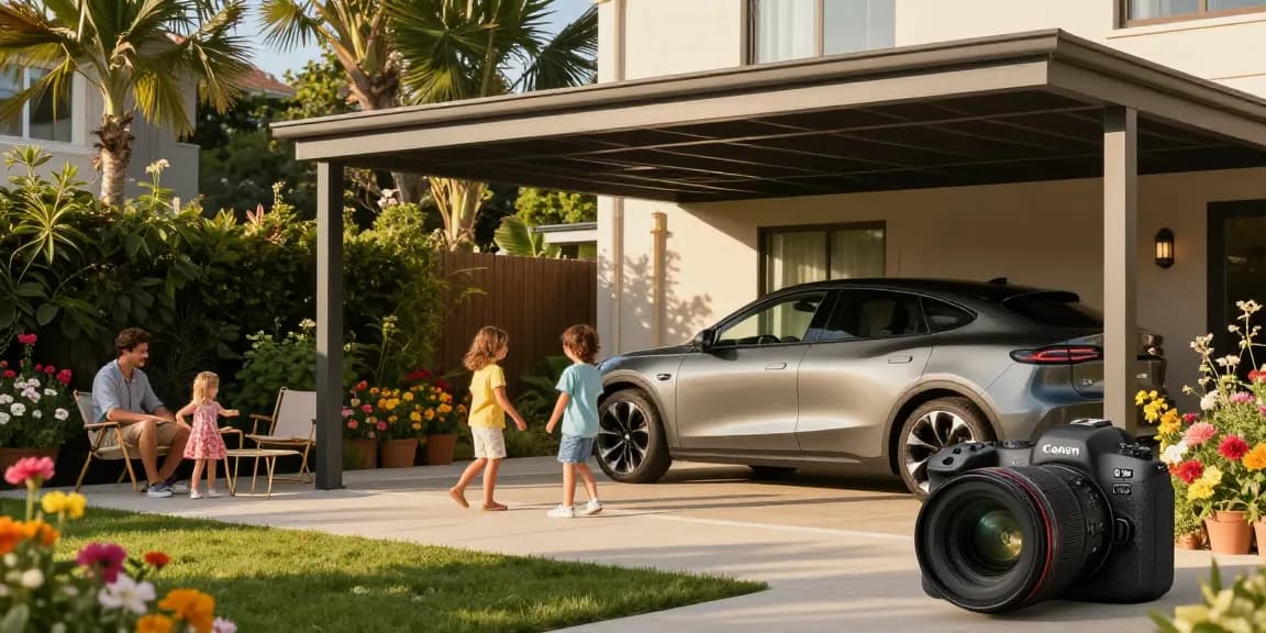 Schöner Carport im Garten, Familie genießt sonnigen Tag mit Kindern und Auto.