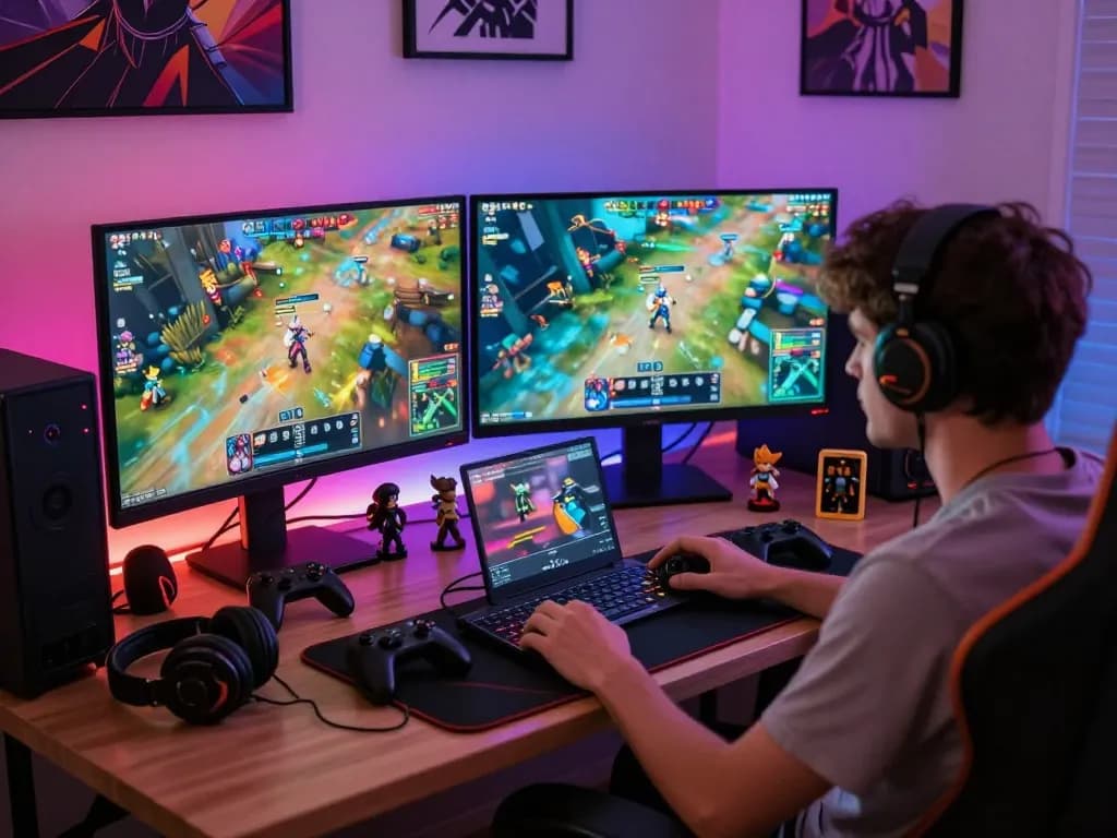 Gamer immersed in online porn games with vibrant graphics and colorful LED setup
