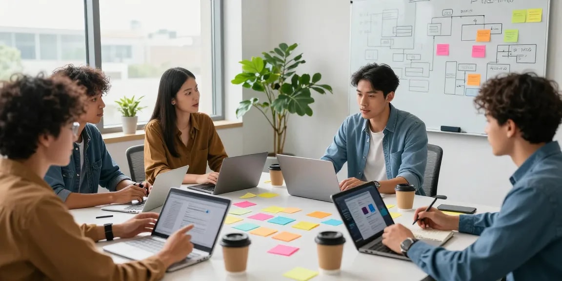 Team building internal tools with AI in a modern office setting, showcasing collaboration and innovation.