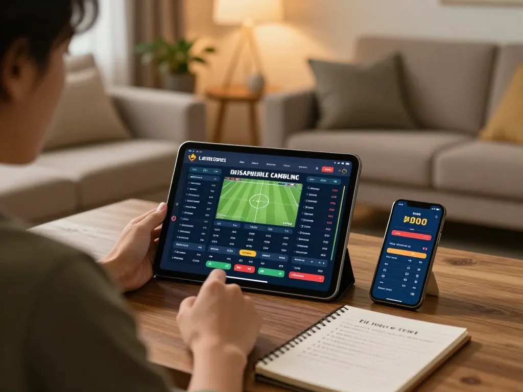 RR88 user engaging in online sports betting strategy from home, tablet showing odds and betting options.