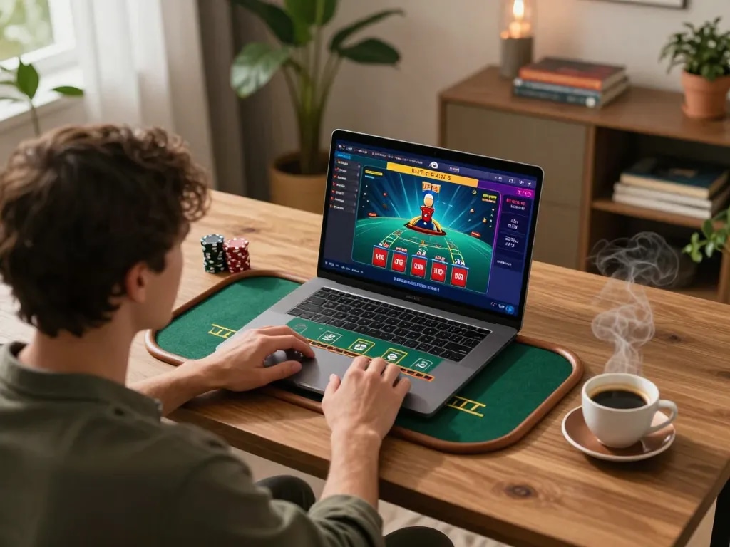 Player engaging with RR88 online blackjack game on a laptop, surrounded by cozy home atmosphere.