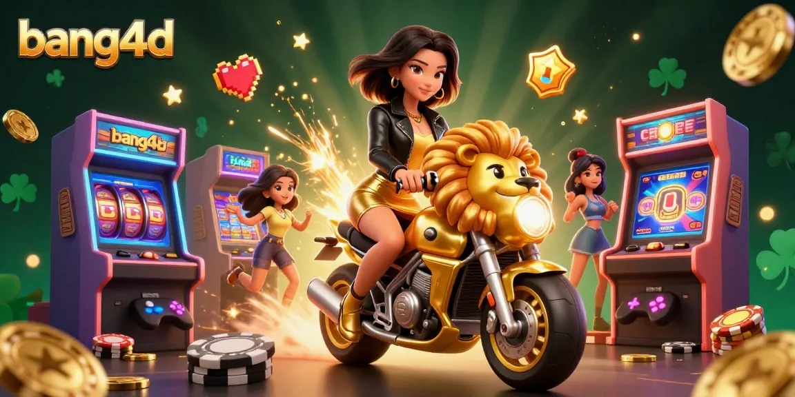 Join the exciting world of bang4d with an energetic illustration of a glam woman riding a lion mascot amid vibrant casino elements.
