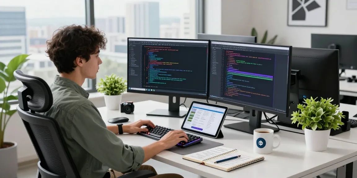 Dynamic tech workspace with developer coding at dual monitors, telegraimin.com interface visible.
