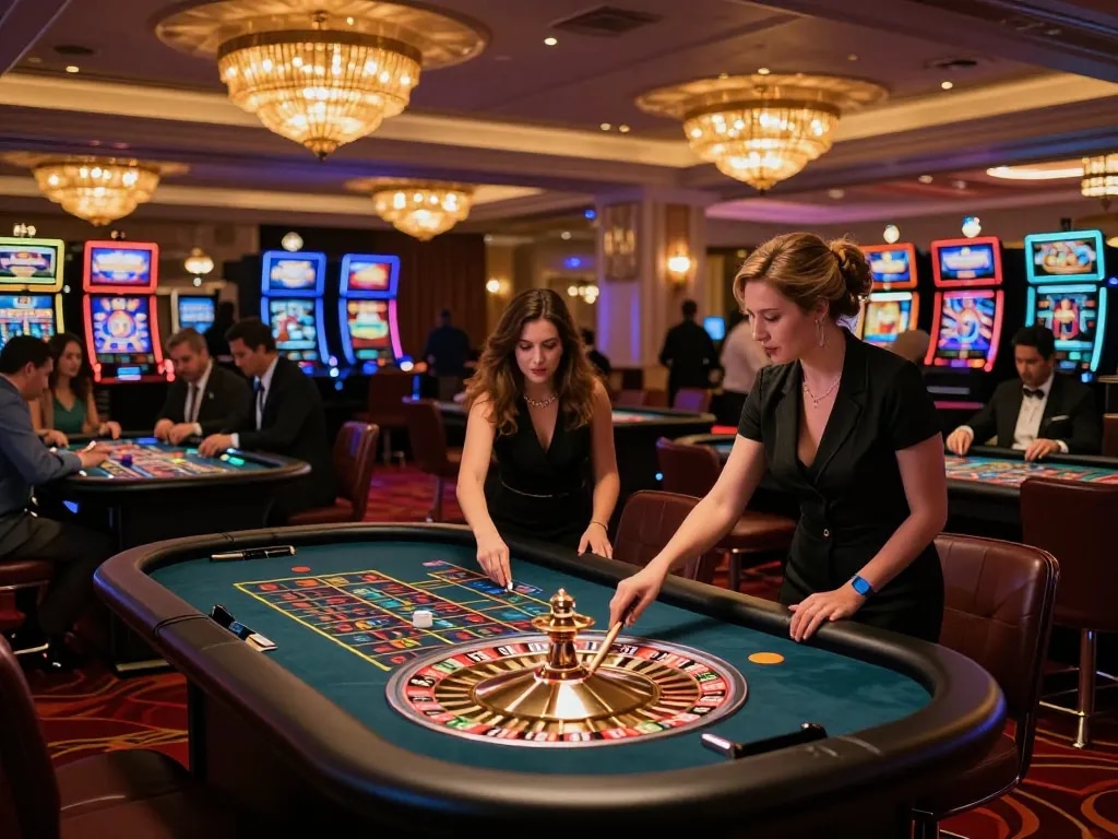 VT88 experienced players betting at vibrant roulette tables in a glamorous casino.