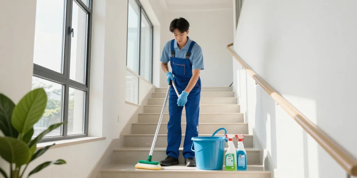 Treppenhausreinigung Dortmund durch professionelles Reinigungsteam in modernem Gebäude.