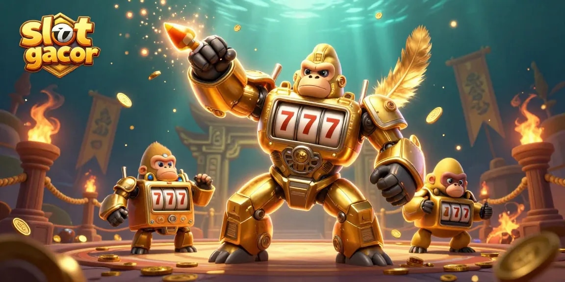 Spin and win with slot 777 gacor as golden mech and coins explode in dynamic scene.