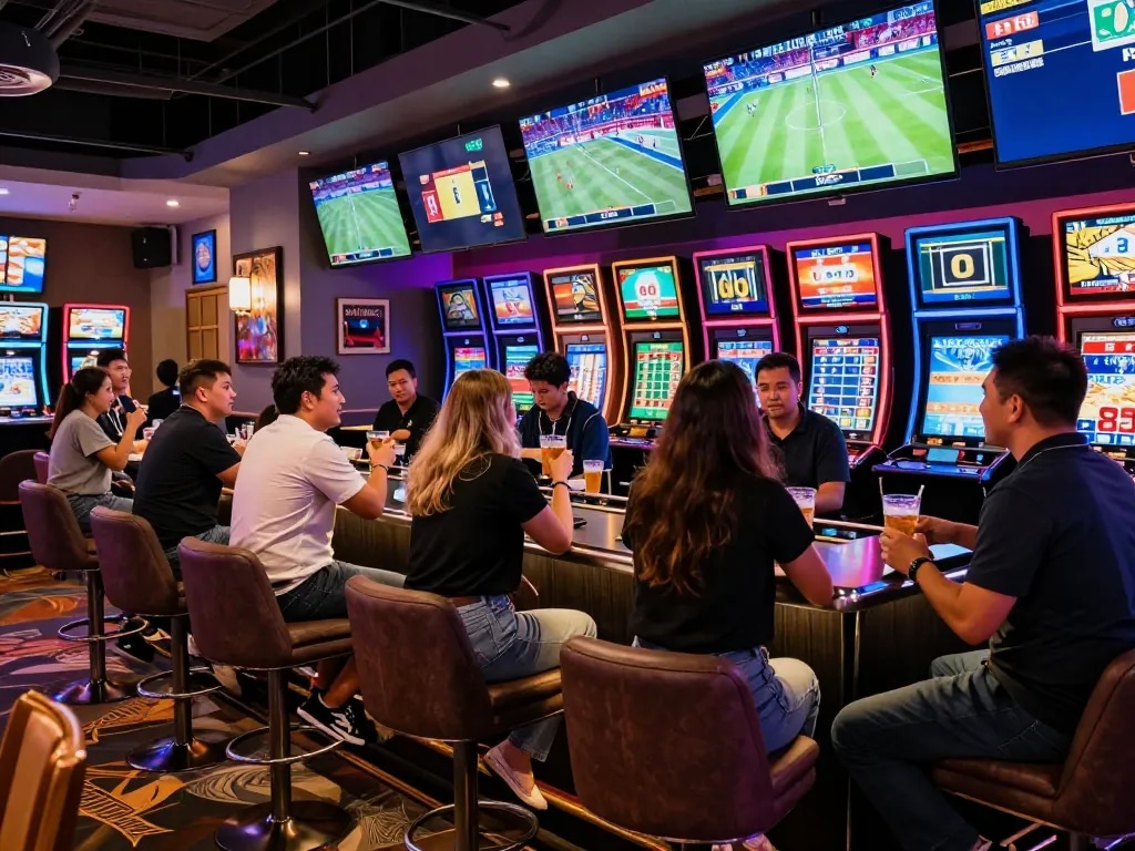 Engaged bettors reviewing odds at the da88 sports betting area in a vibrant casino.