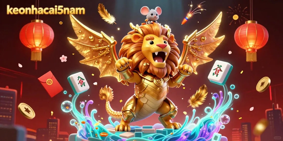 Engage with keonhacai5nam's thrilling casino adventure featuring a mystical chimera and vibrant game elements.