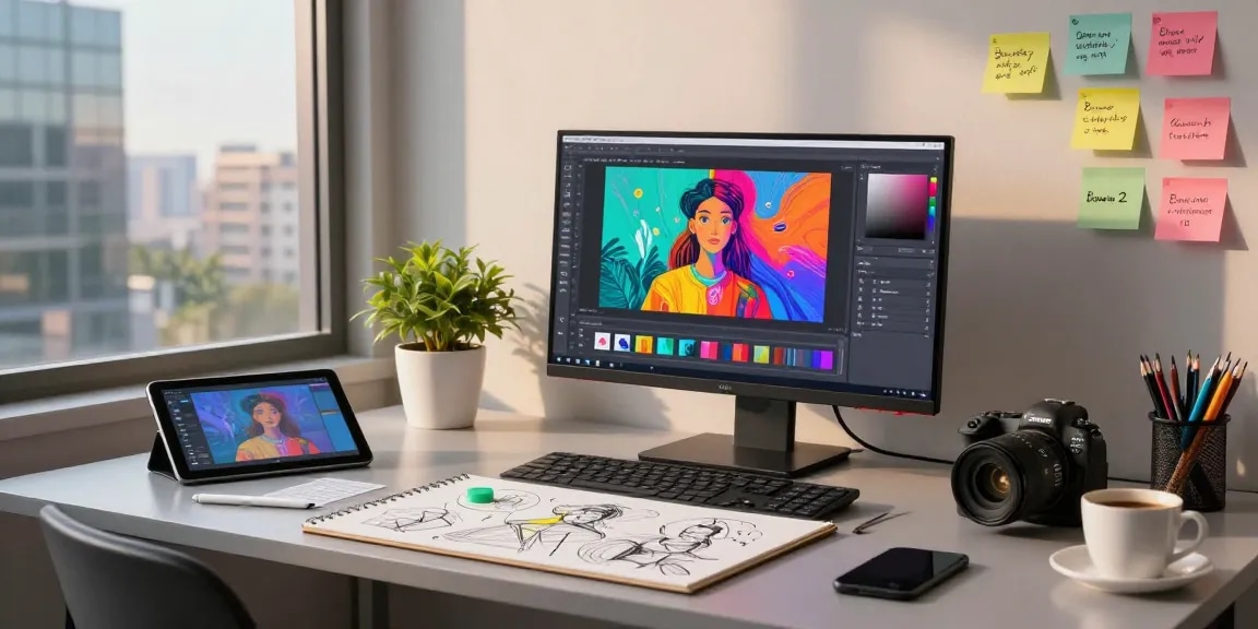 Creative workspace featuring artist using nano banana 2 for AI image editing, showcasing vibrant AI-generated art.