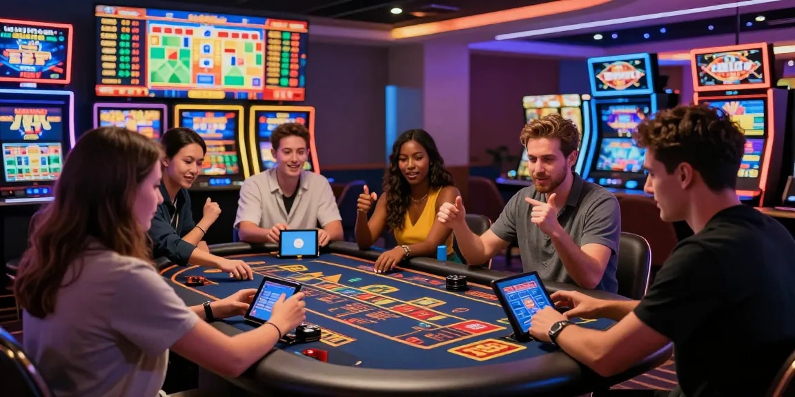 Players engaging in live casino games on 68gamebai platform, showcasing excitement and colorful gaming environment.