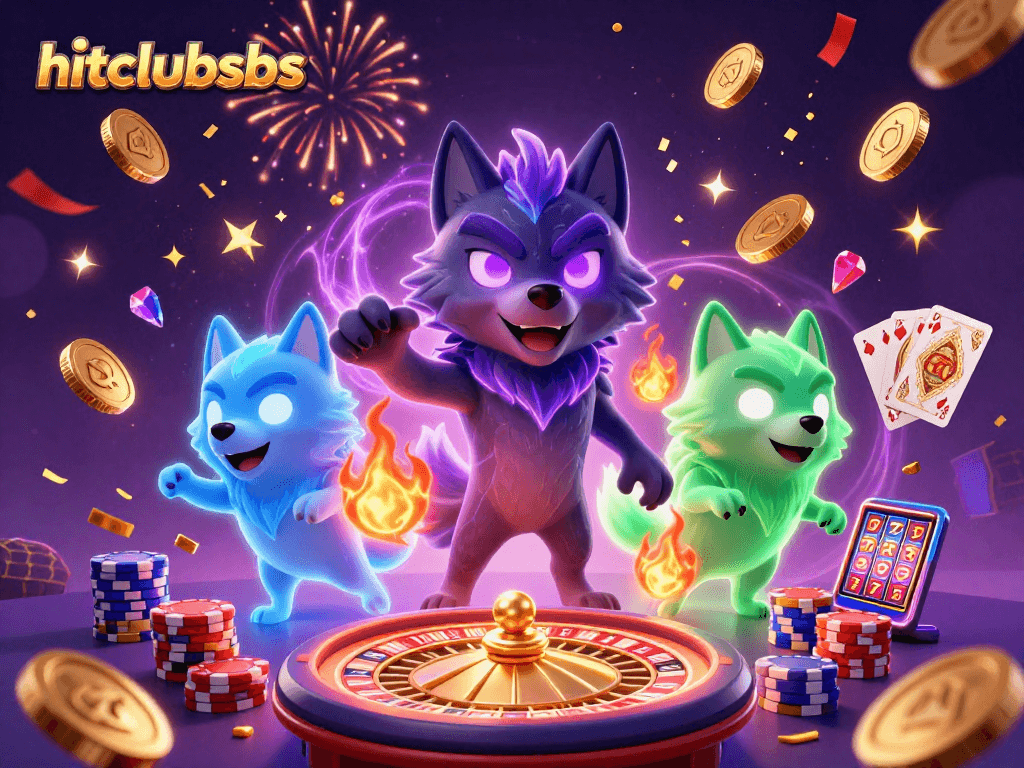 Hitclubsbs thrilling 3D casino scene with ghostly wolves, vibrant gold coins, and dynamic gaming elements.