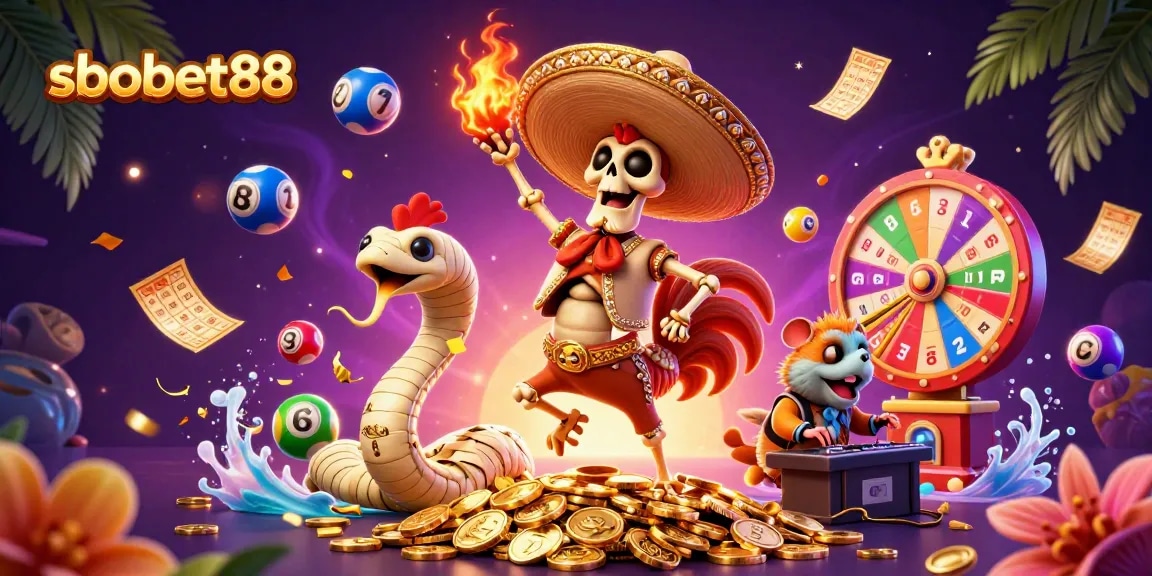 sbobet88 displays vibrant energy with a cartoon rooster, snake, and DJ amidst a money-filled celebration