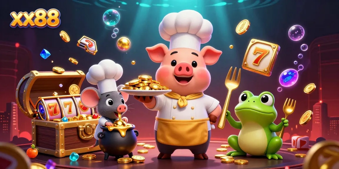 Experience the winning frenzy at xx88 with vibrant casino scenes featuring gold coins, slot reels, and fun characters.