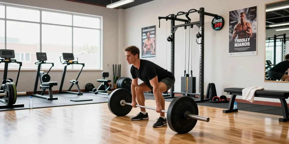 An athlete deadlifting at a modern gym, emphasizing strength training and Anabolika Shop for muscle building.