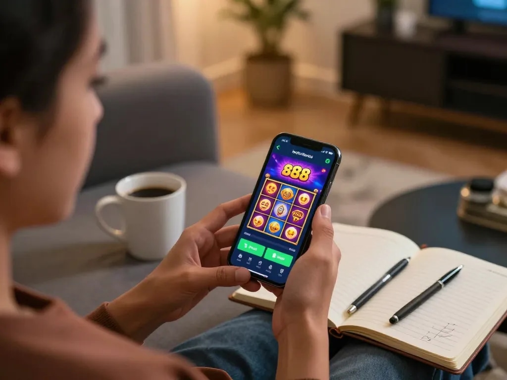 Pemain menikmati aplikasi kasino slot88 di smartphone, menampilkan visual slot yang cerah di suasana rumah yang nyaman