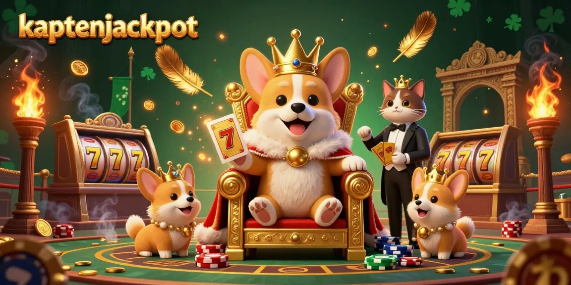 Experience the excitement of kaptenjackpot in a lively casino scene with corgis and golden elements.