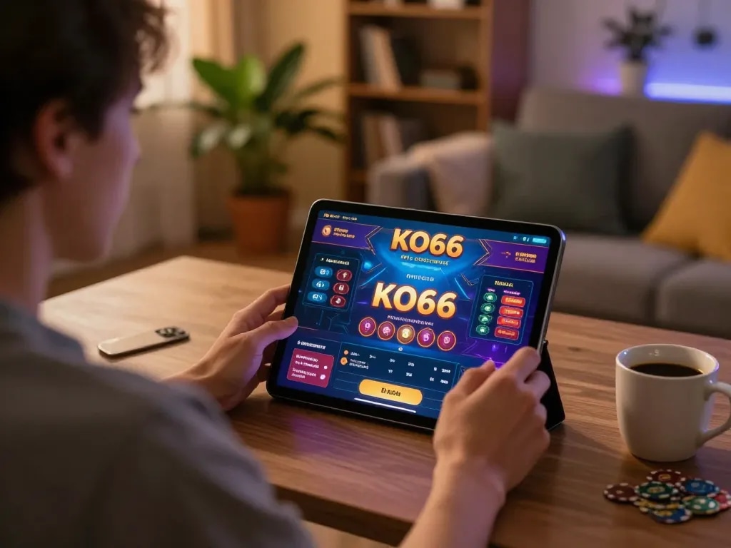 Người chơi tận hưởng ứng dụng KO66 để chơi game trực tuyến trong không gian phòng khách ấm cúng.
