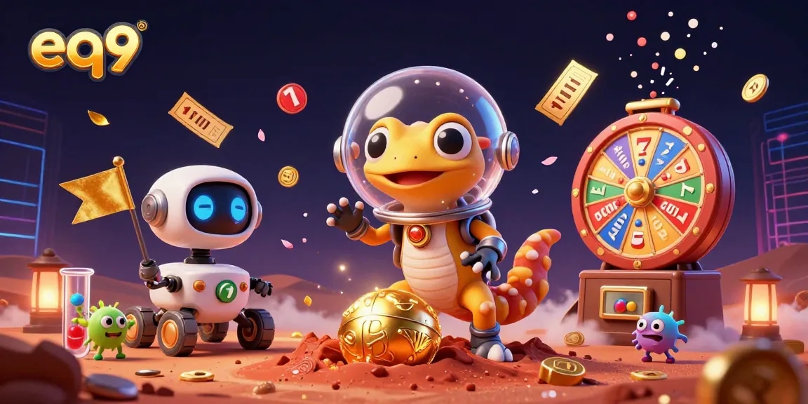 Experience big wins at eq9 casino with colorful slot reels and a lively Martian gecko in a dynamic 3D scene.