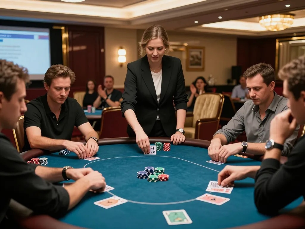 KJC engages players in an upscale poker game, showcasing competitive spirit and luxury atmosphere.