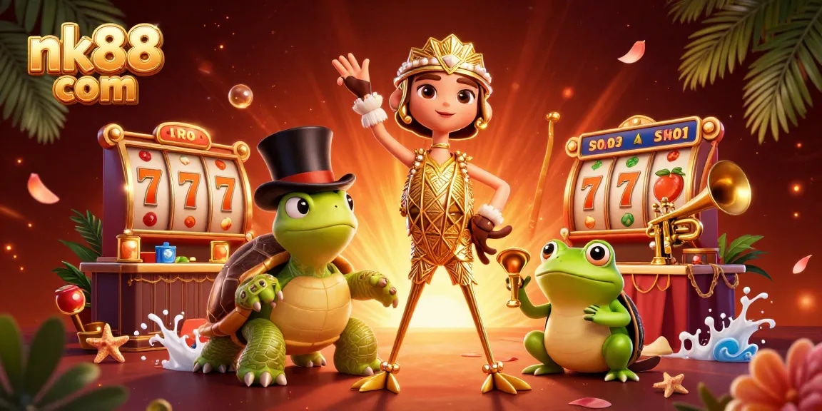 Experience thrilling gaming action at nk88 com with vibrant slot machines and festive characters.