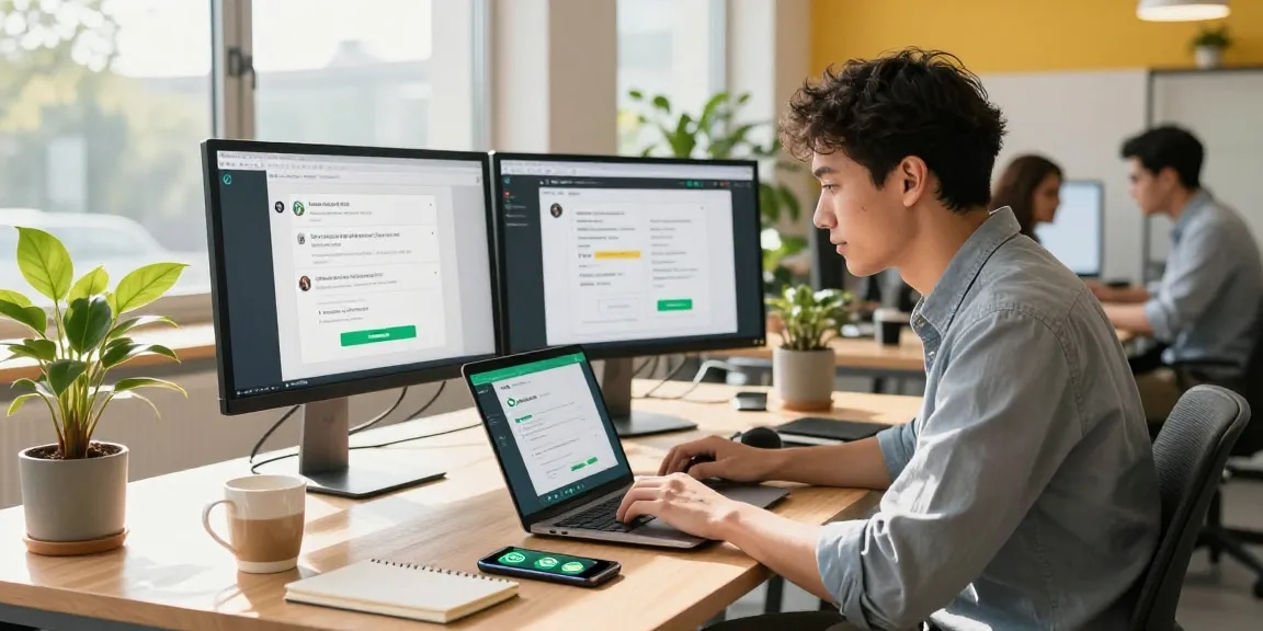 Professional using WhatsApp網頁版 on a laptop in a bright co-working space.