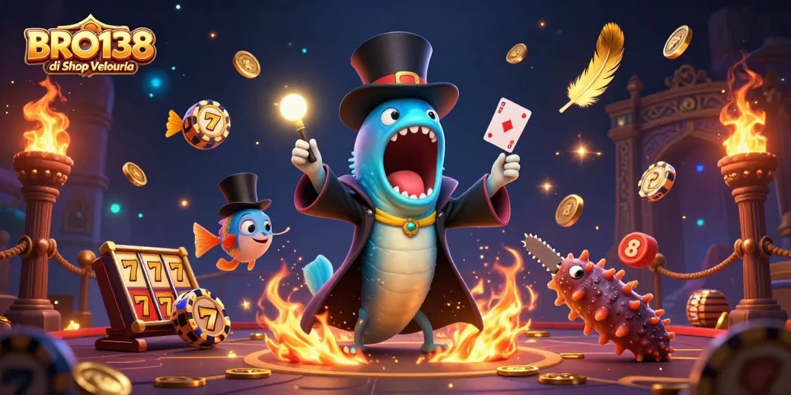 Engage in exciting slot gameplay at BRO138 di Shop Velouria, featuring vibrant 3D characters and magical effects.