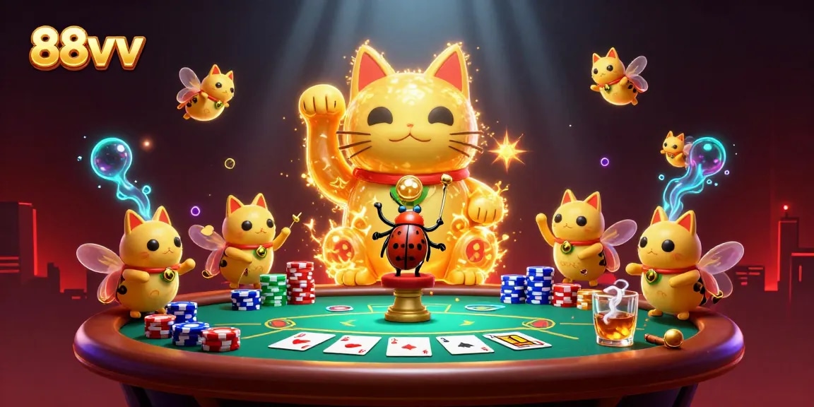 Engage with 88vv's dynamic gambling experience featuring vibrant casino symbols and a lucky cat.