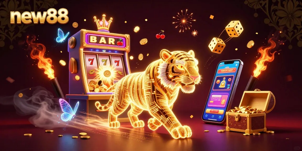Immerse in new88 where a glowing golden tiger navigates a digital casino full of prizes and games.
