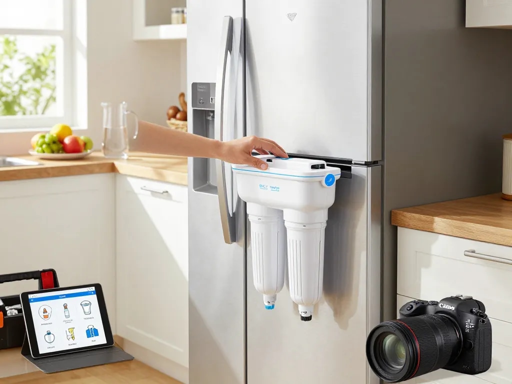 Installation of Waterdrop Plus RPWF Refrigerator Water Filter in a modern kitchen, showcasing ease of use and sleek design.