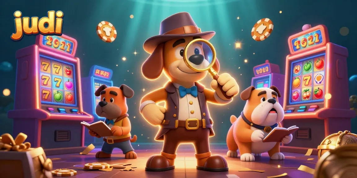 Experience thrilling judi action with a cartoon detective exploring poker clues and slot machines in rich detail.