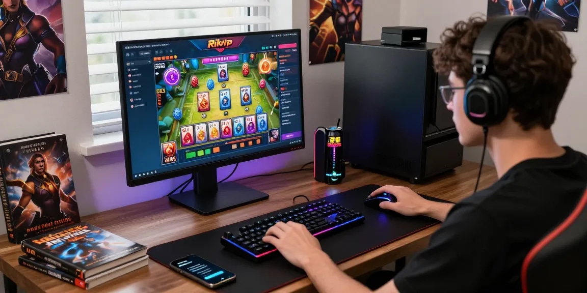 Engaged gamer on Rikvip platform with vibrant game interface, gaming setup.