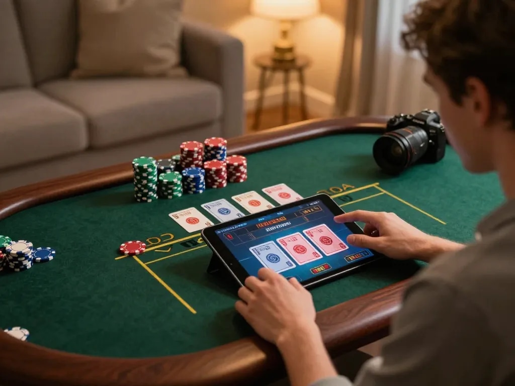 Engaging in live dealer gameplay on a tablet showcasing 88vvgo strategies in a cozy atmosphere.