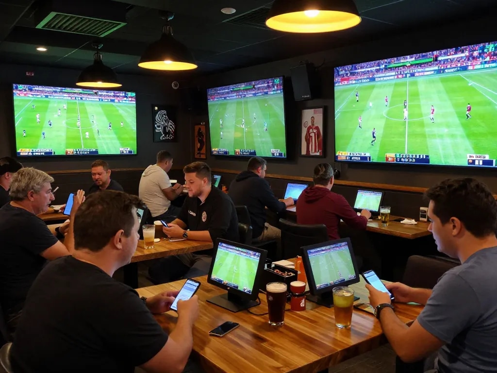 Fans placing bets on mobile apps at a vibrant sports bar during live matches showing keonhacaihomnay in action.