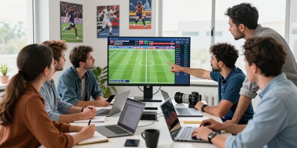 Dynamic sports analysts reviewing nhan dinh keo nha cai in a modern office environment.